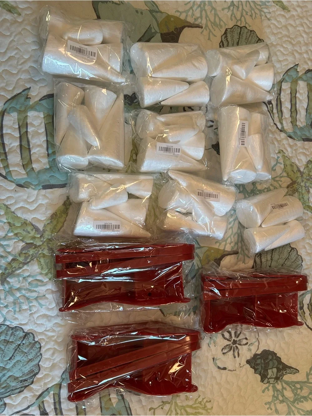 9 paks of White Foam Cone Party Decorations & 3 Red Plastic Sleds for crafting